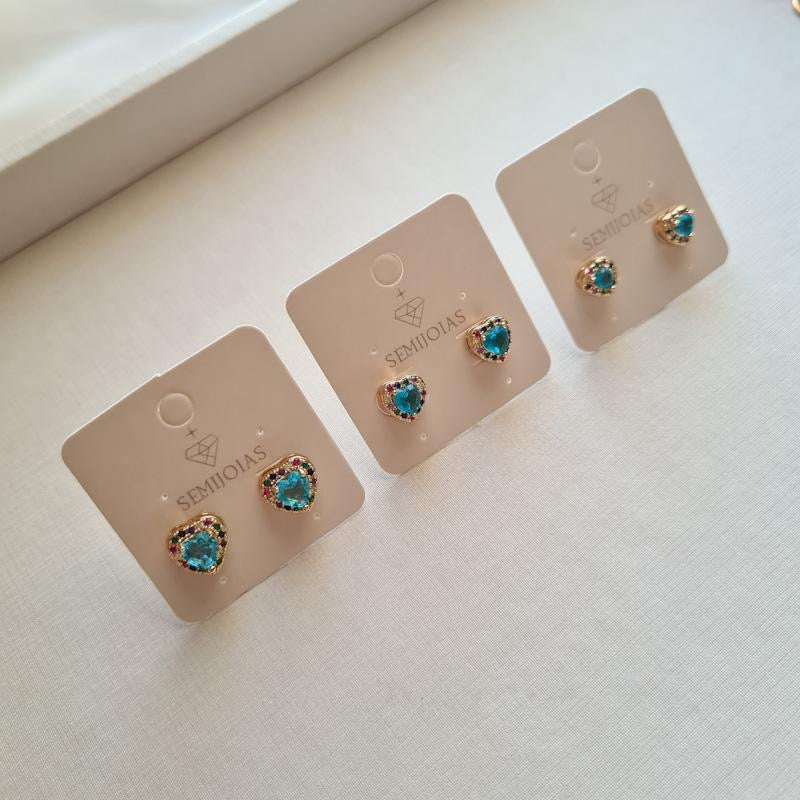 Cora Earrings – Petite Gold Heart Studs with Blue Center & Rainbow Halo