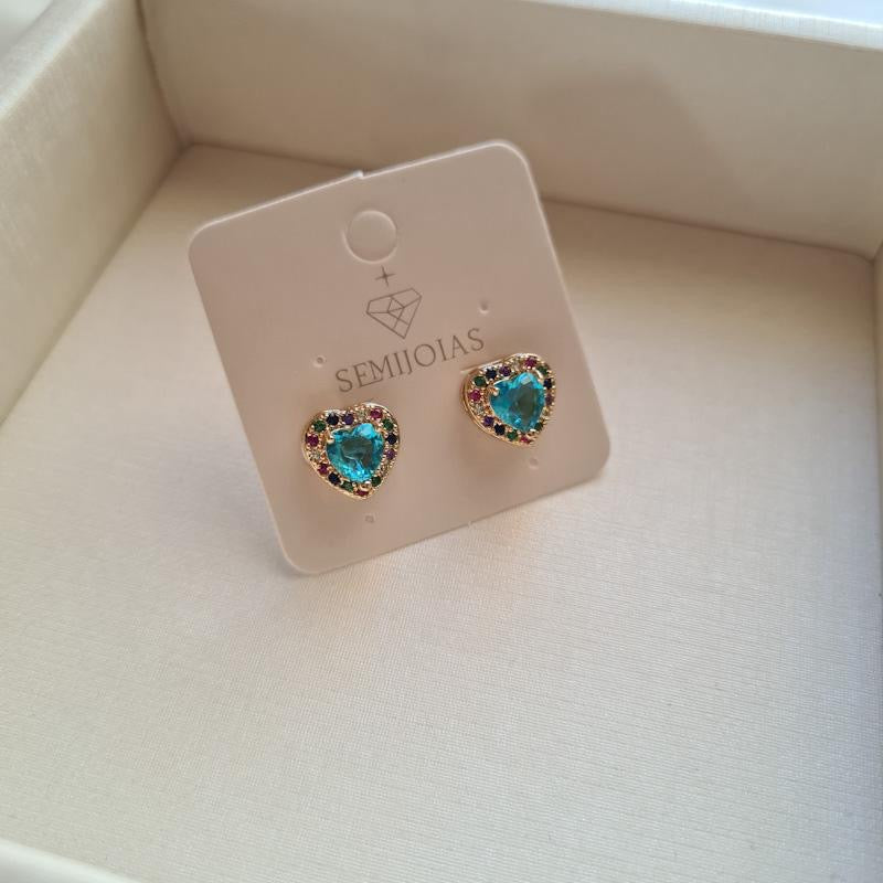Cora Earrings – Petite Gold Heart Studs with Blue Center & Rainbow Halo