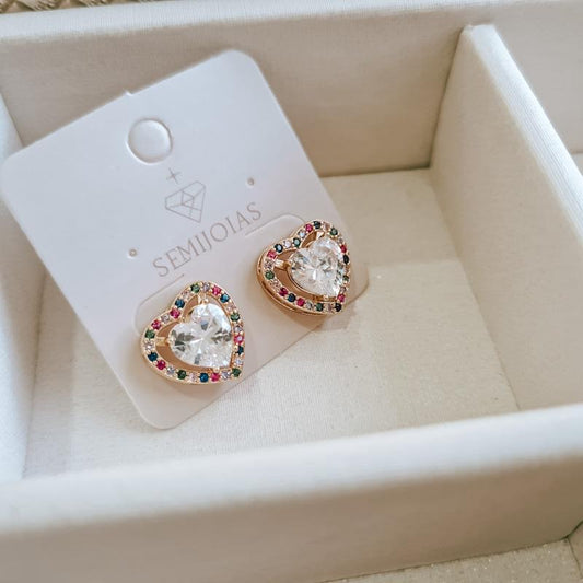 Amor Earrings – Gold-Plated Heart Studs with Rainbow Zirconia