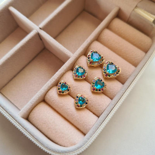 Cora Earrings – Petite Gold Heart Studs with Blue Center & Rainbow Halo